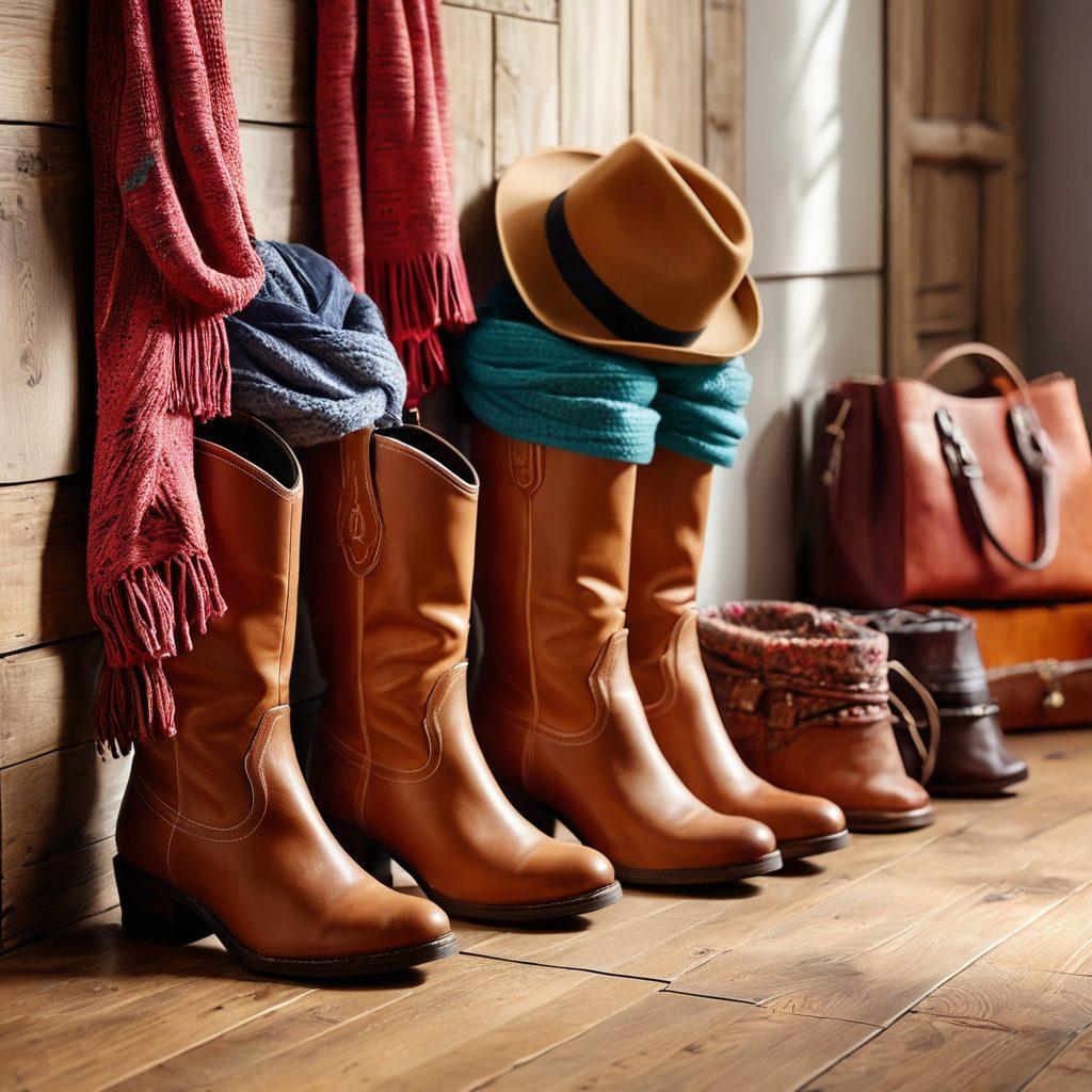 An array of stylish boots in various designs and colors, artfully arranged on a wooden floor surrounded by chic accessories like scarves, hats, and bags. The scene should evoke a fashion-forward vibe, with natural light casting soft shadows, enhancing textures. A mannequin displaying a trendy outfit in the background adds depth to the image. super-realistic. vibrant colors. soft lighting.