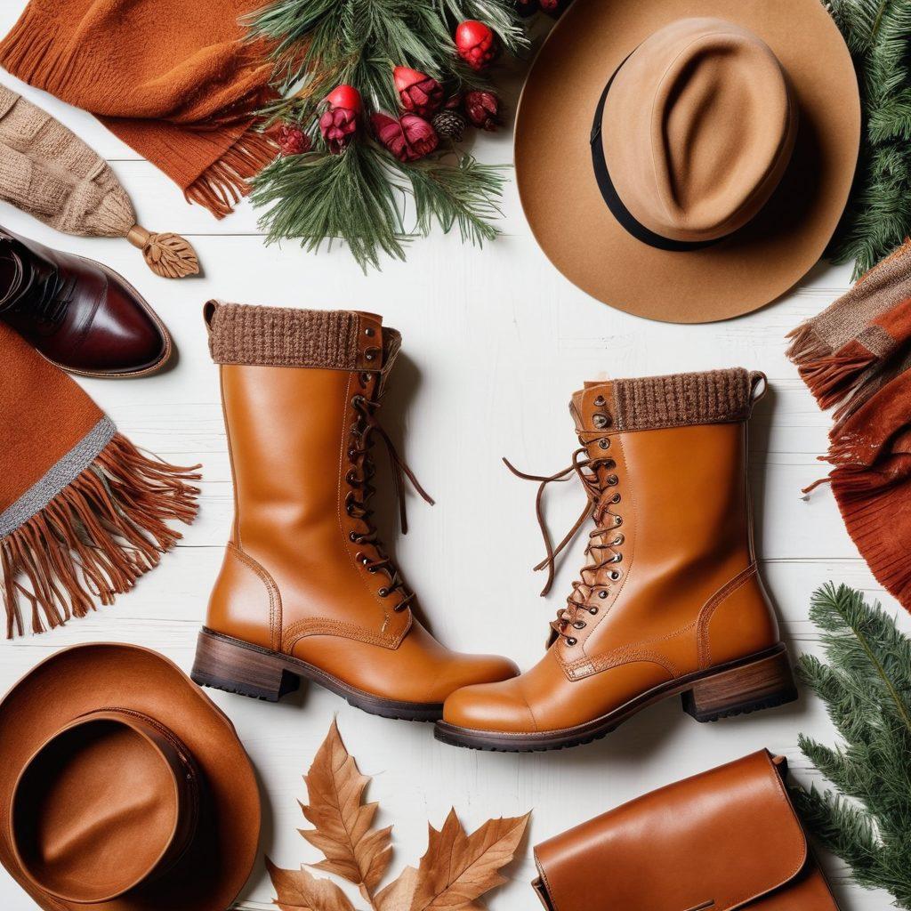 A stylish flat lay featuring a variety of trendy boots in diverse materials like leather and suede, surrounded by fashionable accessories such as scarves, hats, and bags. The background should be a rustic wooden surface to enhance the cozy, chic vibe. Incorporate elements of seasonal foliage to evoke a sense of freshness and style evolution. super-realistic. vibrant colors. white background.